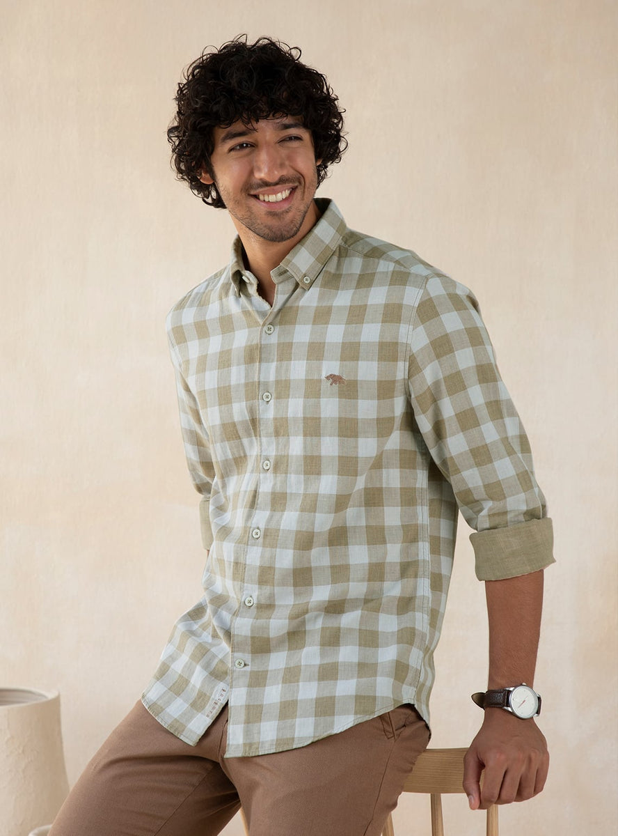 Buy Sandgrid Double Cloth | Casual Brown Check Shirt for Men