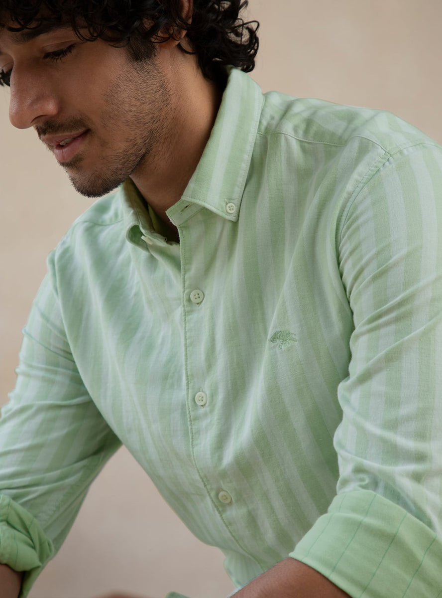 Buy Mintrush Double Cloth | Casual Green Stripe Shirt for Men