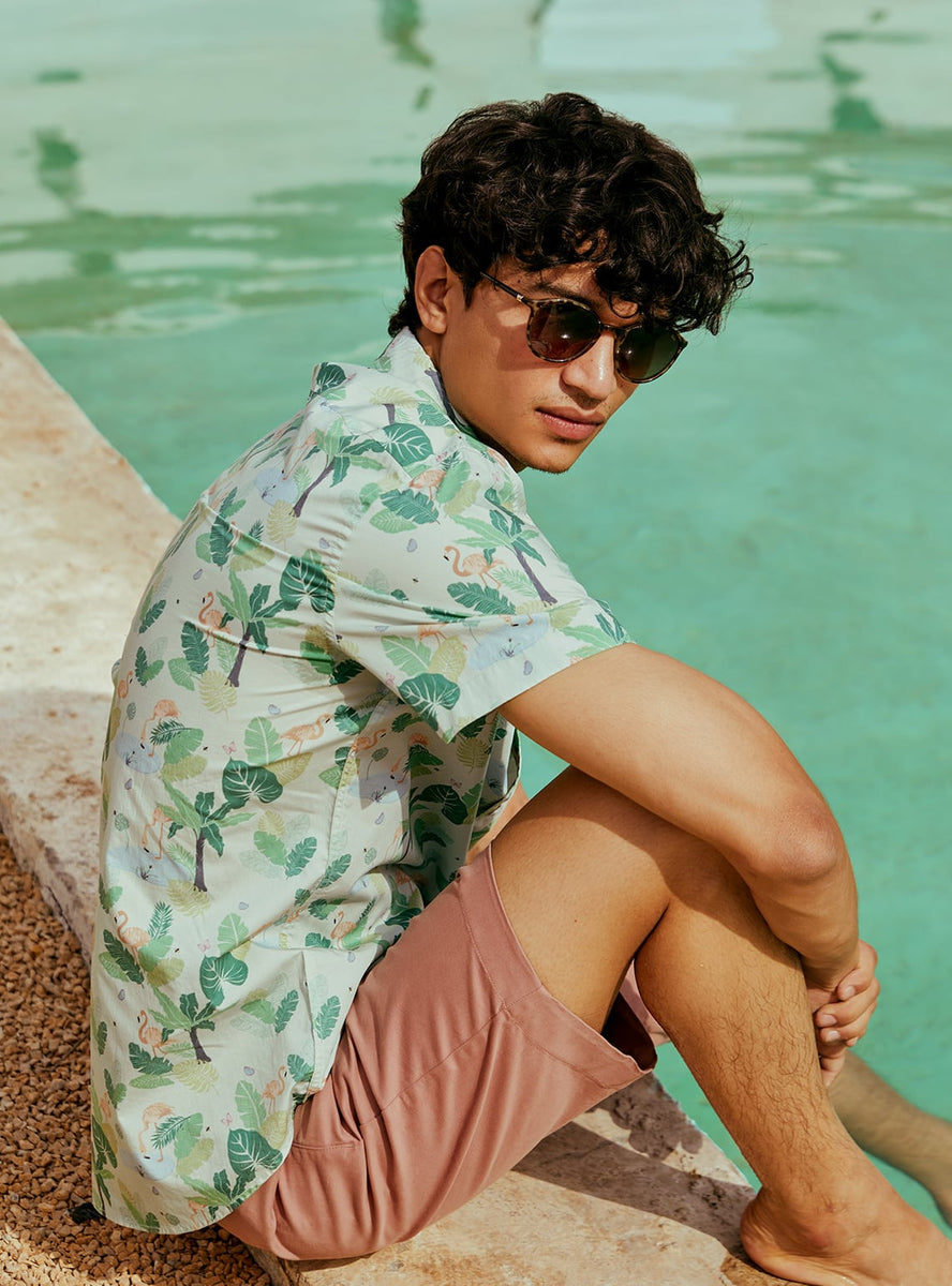 Buy Flamingo Oasis Print  Casual Green Print Shirts for Men Online