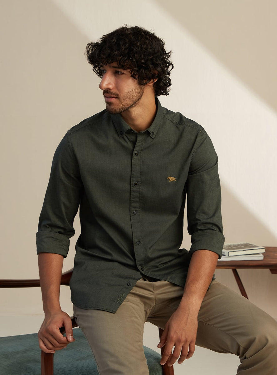 Buy Dark Olive Oxford  Casual Olive Solid Shirts for Men Online