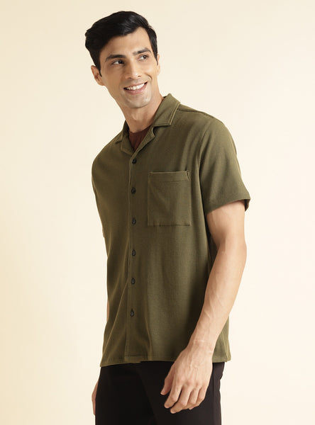Sap Green Pure Linen Stitch Detailed Short Sleeve Shirt – Linen Trail