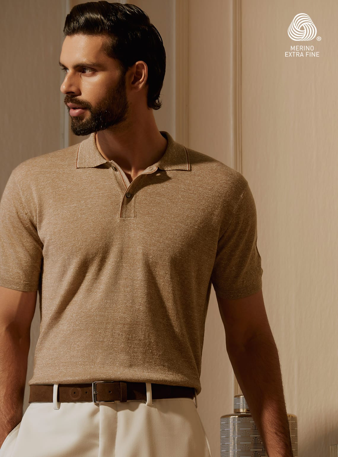 Taupe Merino Linen Polo