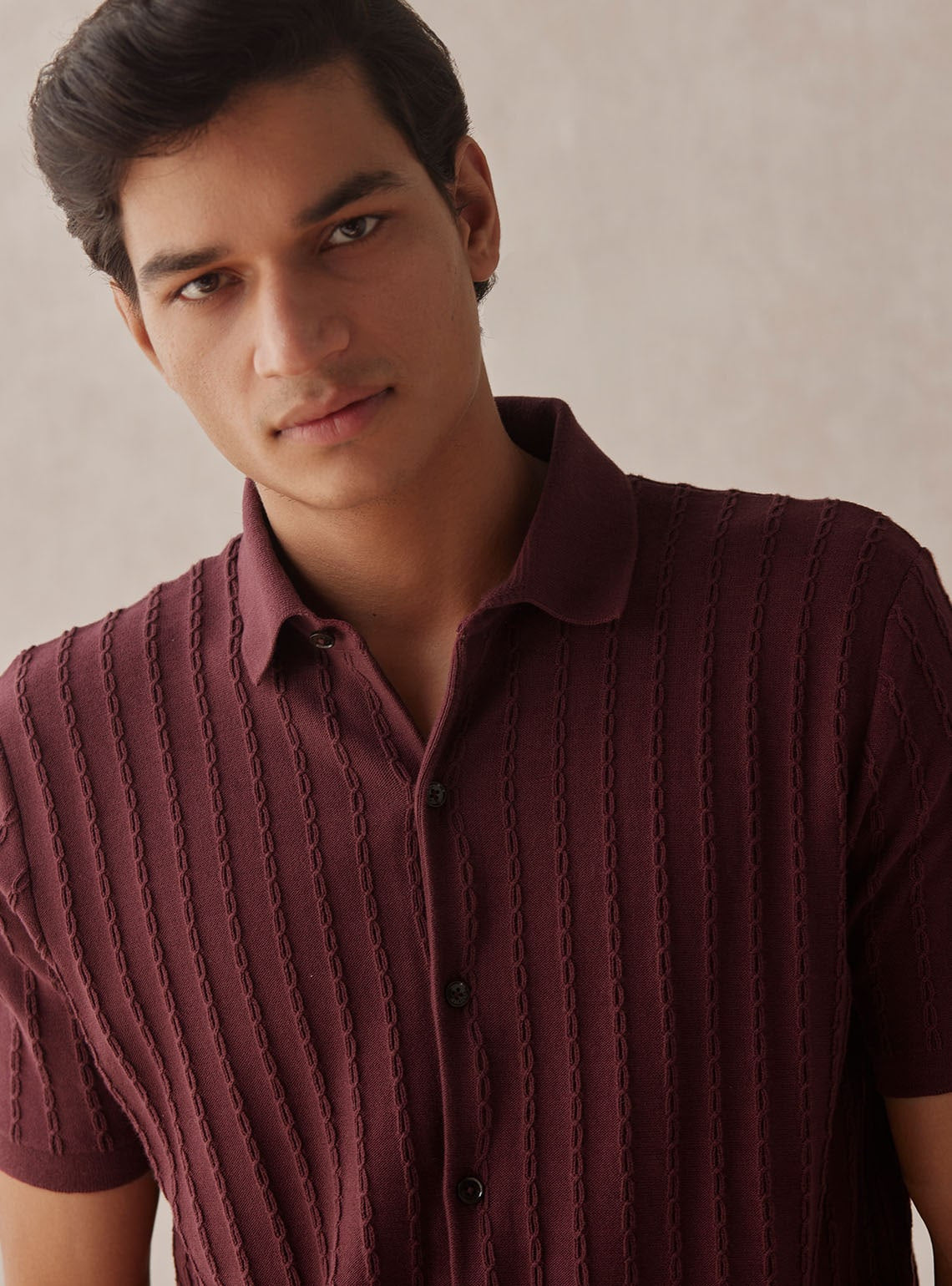 Burgundy Cable-Knit Shirt