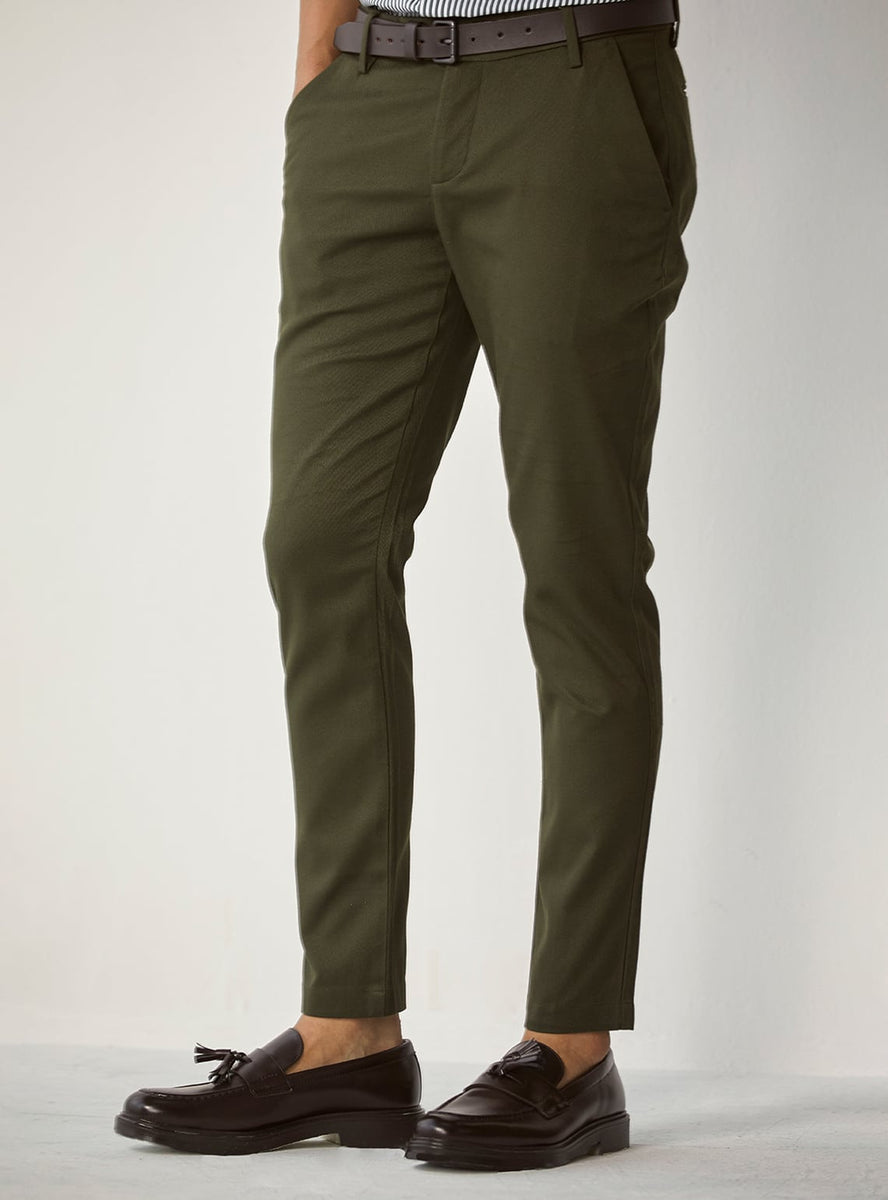 Buy Dark Seaweed Chino | Casual Green Dobby Trousers for Men Online ...