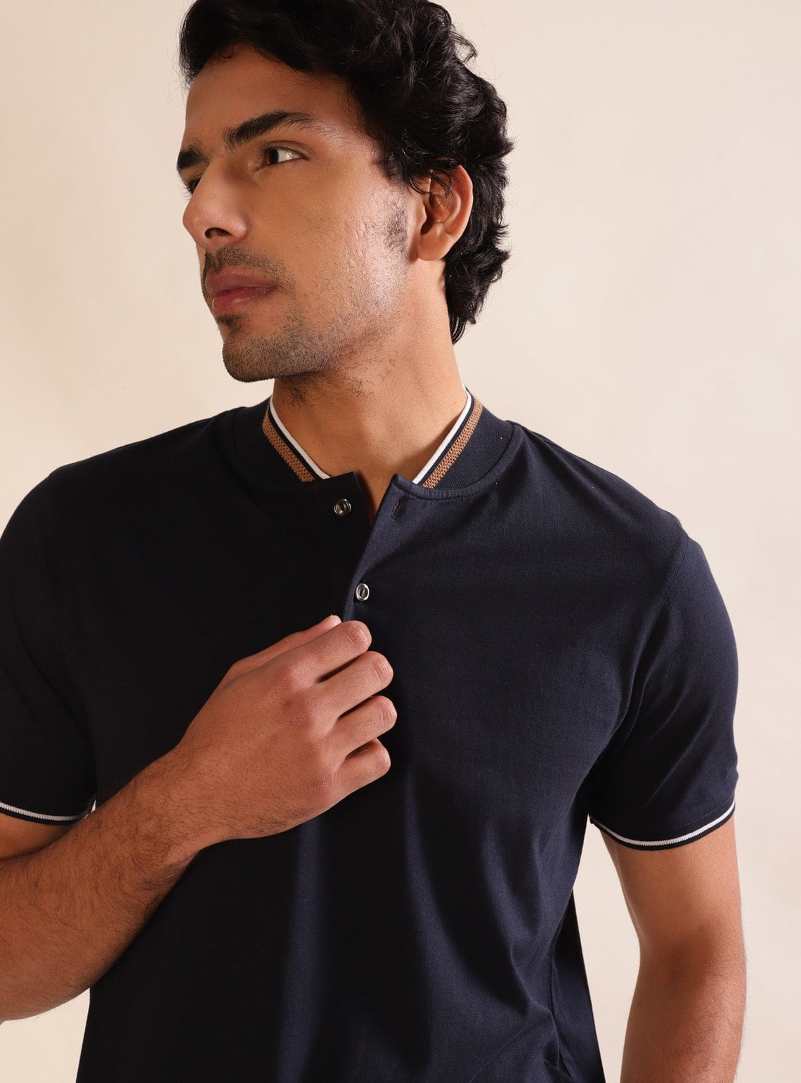 Navy Shirt - Baseball Collar