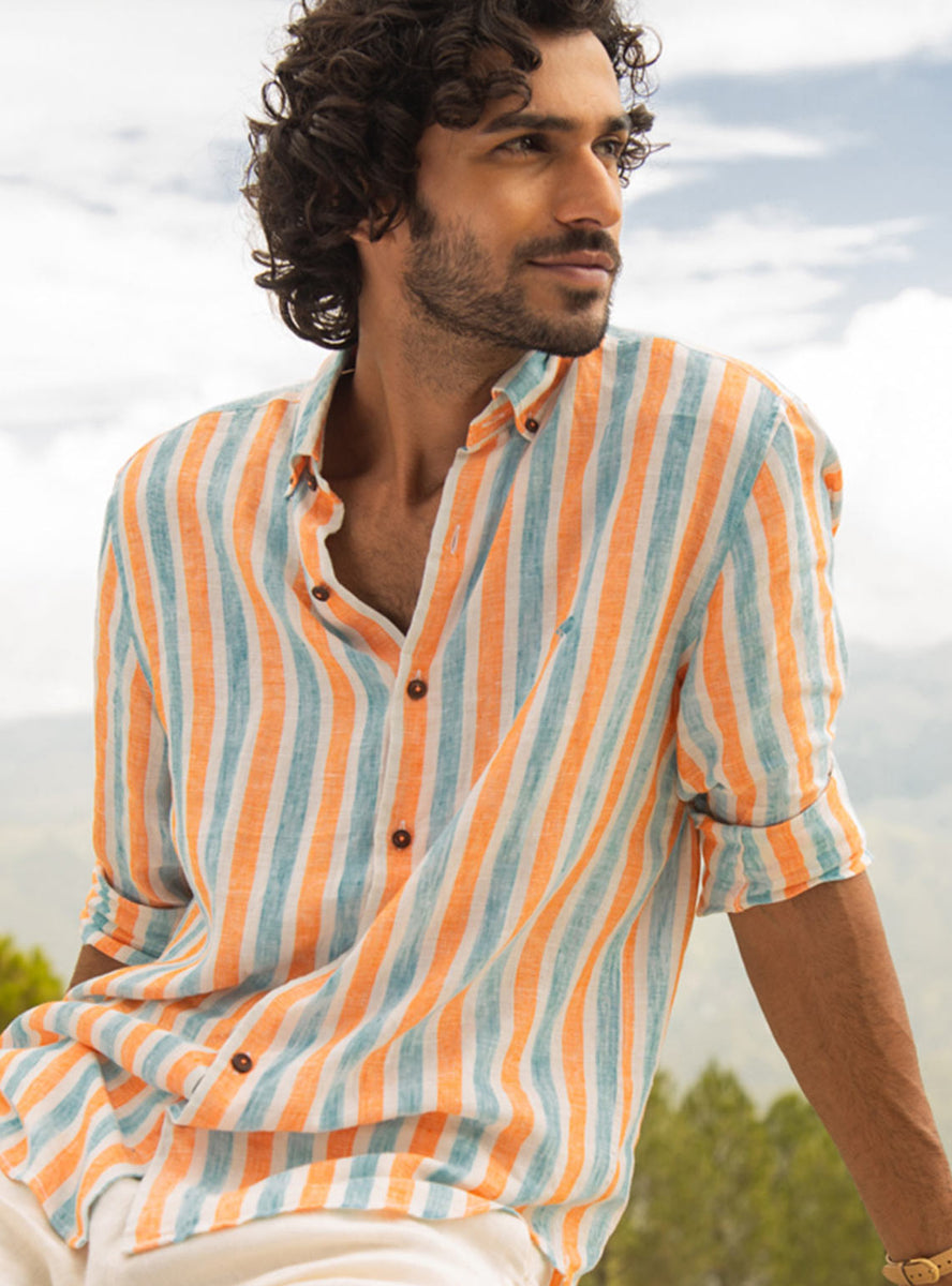 Buy Tangerine Stripe Linen | Casual Linen Shirt for Men Online ...