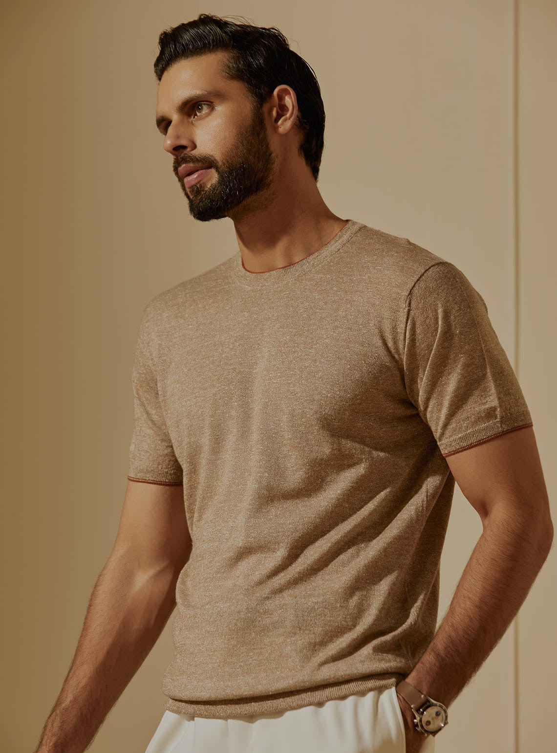 Taupe Merino Linen Crew