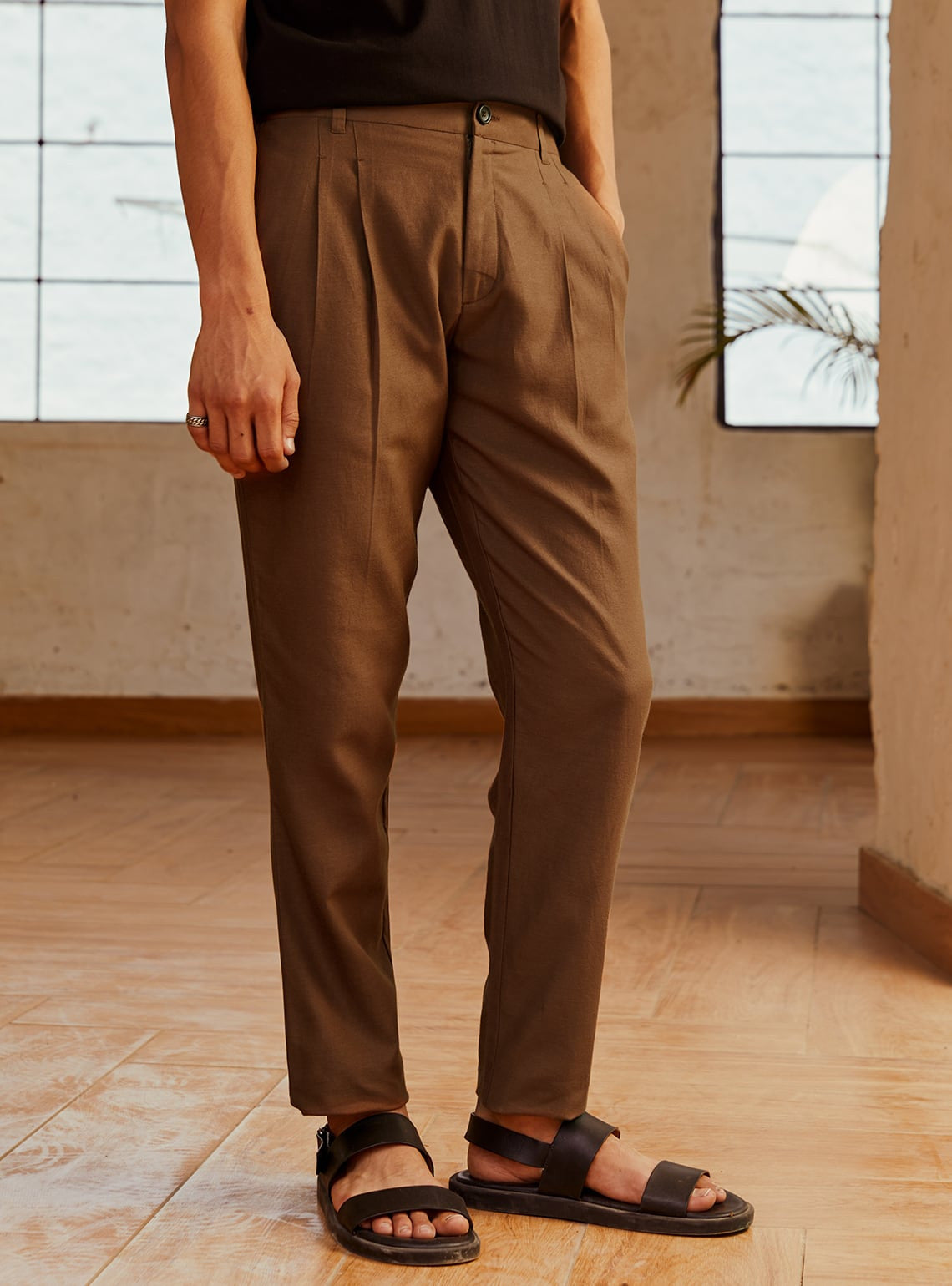 Full Length Stretch Trousers in Brown - Roman Originals UK