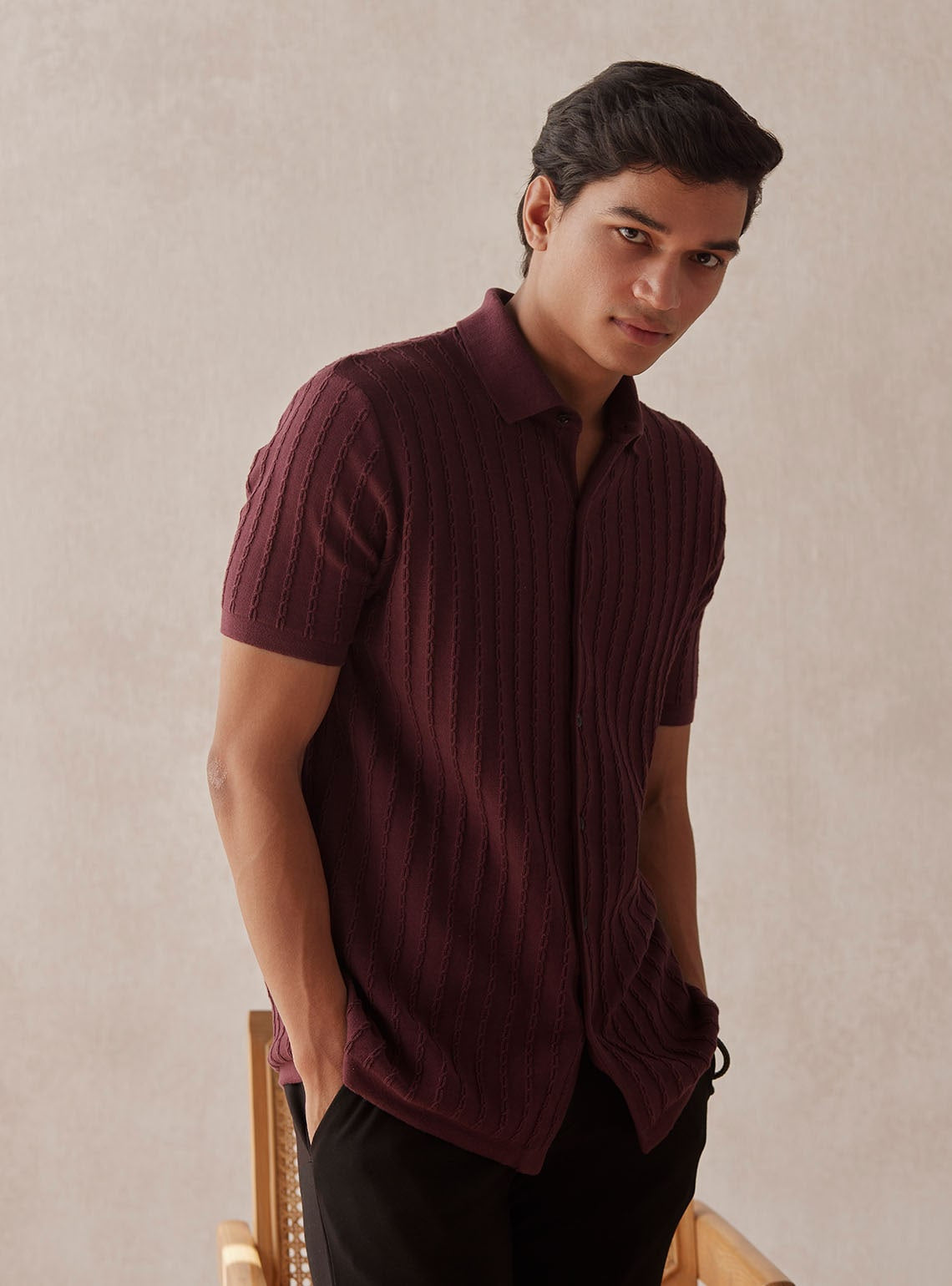 Burgundy Cable-Knit Shirt